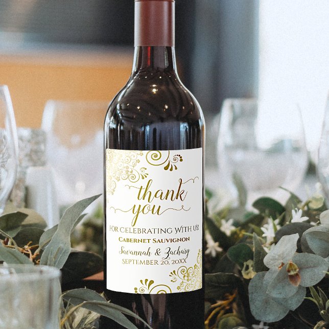 Gold Frills on White Wedding Thank You Wine Label (Creator Uploaded)