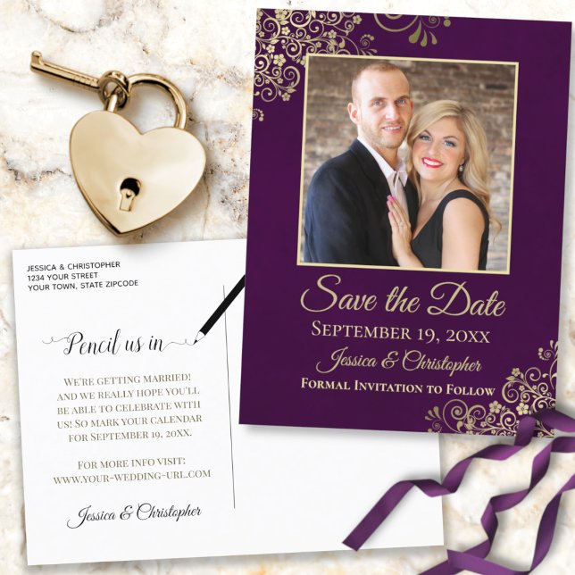 Gold Frills Photo Purple Save the Date Wedding Announcement Postcard (Creator Uploaded)
