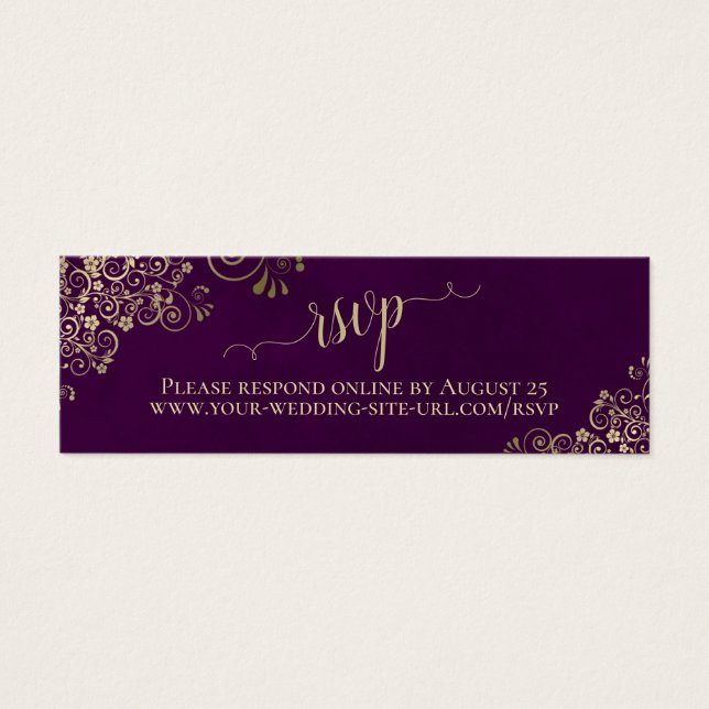 Gold Frills Plum Purple Wedding RSVP Online Card (Front)