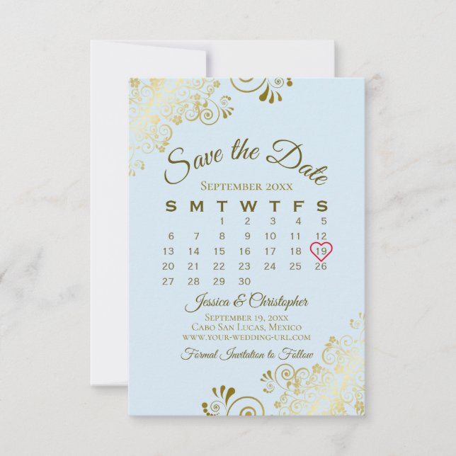 Gold Frills Powder Blue Chic Wedding Calendar Save The Date (Front)
