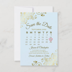 Gold Frills Powder Blue Chic Wedding Calendar Save The Date