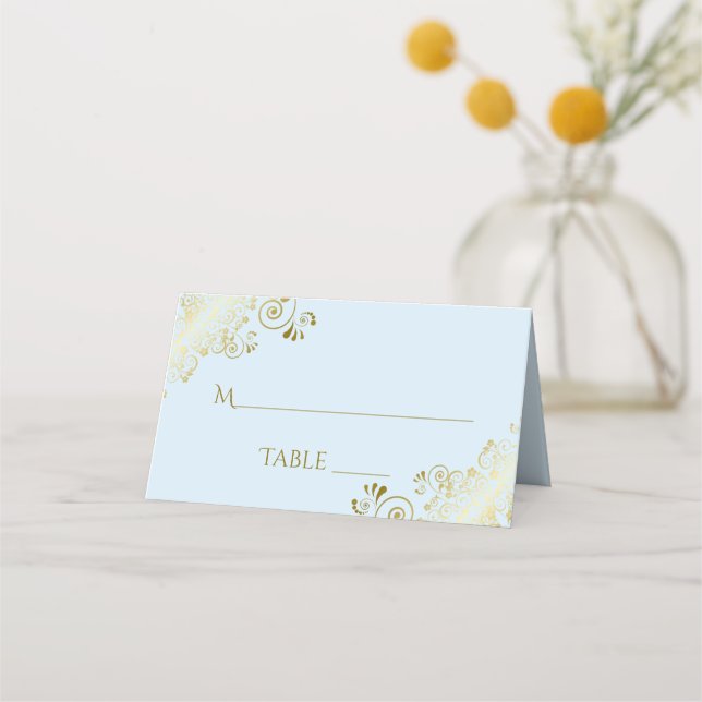 Gold Frills Powder Blue Elegant Wedding Write-In Place Card (Front)