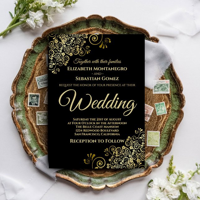 Gold Frills Simple Chic Black Wedding Invitation (Creator Uploaded)