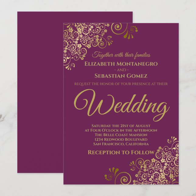 Gold Frills Simple Chic Cassis Purple Wedding Invitation (Front/Back)