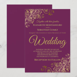 Gold Frills Simple Chic Cassis Purple Wedding Invitation