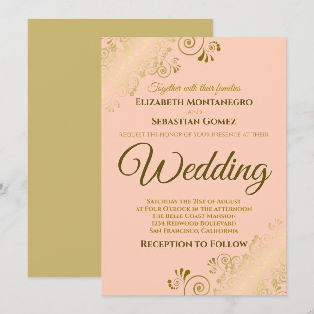 Gold Frills Simple Chic Coral Peach Orange Wedding Invitation (Front/Back)