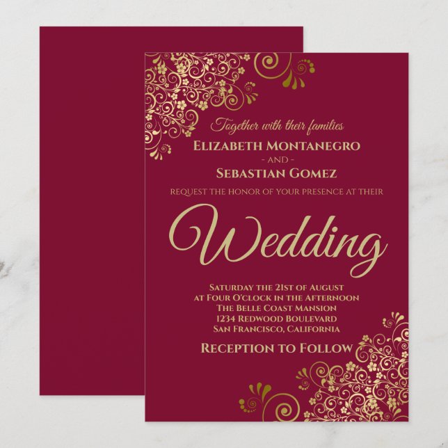Gold Frills Simple Chic Maroon Burgundy Wedding Invitation (Front/Back)