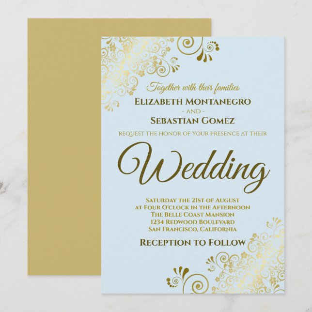 Gold Frills Simple Chic Powder Blue Wedding Invitation (Front/Back)