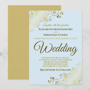 Gold Frills Simple Chic Powder Blue Wedding Invitation