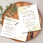 Gold Frills White Wedding Save the Date Calendar Announcement Postcard<br><div class="desc">This beautiful save the date postcard will give your friends and family advance notice of your upcoming wedding. It features a clever design with a custom calendar where you can put a heart around your wedding date. The background is white, and there are decorative gold faux foil frilly accents in...</div>