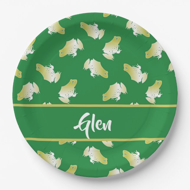 Gold frogs on green paper plate (Front)