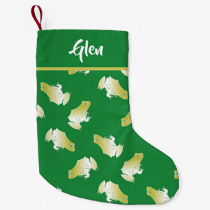 Gold frogs on green small christmas stocking