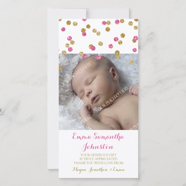 Gold Fuchsia Thank You Baby Shower Photo Cards (Front)