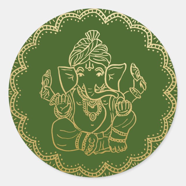 Gold Ganesh | Indian God Green Wedding Classic Round Sticker (Front)