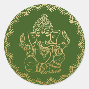 Gold Ganesh   Indian God Green Wedding Classic Round Sticker