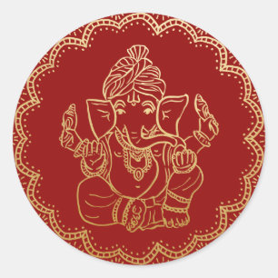 Gold Ganesh   Indian God Red Wedding Classic Round Sticker