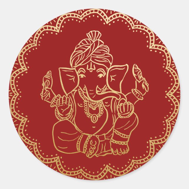 Gold Ganesh | Indian God Red Wedding Classic Round Sticker (Front)
