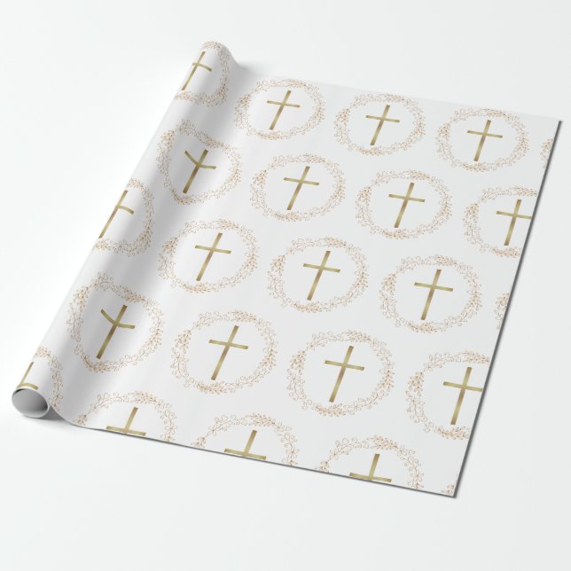 Gold Garland ChristianCross Wrapping Paper (Unrolled)
