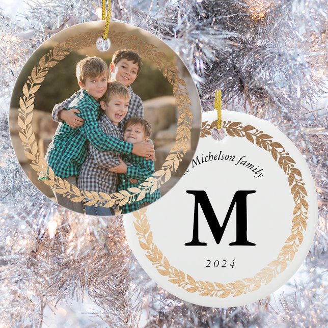 Gold Garland Elegant Photo and Monogrammed White Ceramic Tree Decoration (Creator Uploaded)