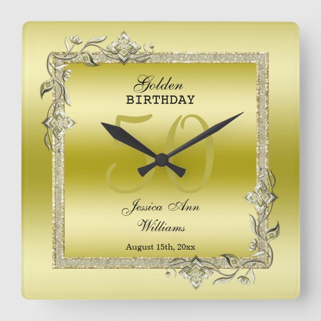 Gold Gem & Glitter 50th Golden Birthday Square Wall Clock (Front)