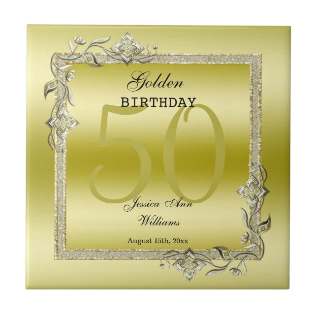 Gold Gem & Glitter 50th Golden Birthday Tile (Front)