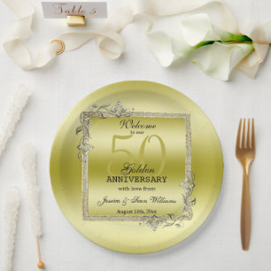 Gold Gem & Glitter 50th Golden Wedding Anniversary Paper Plate