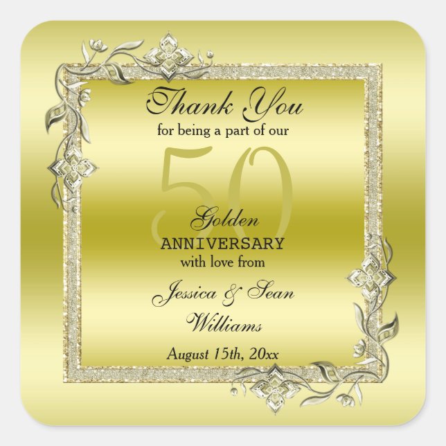 Gold Gem & Glitter 50th Golden Wedding Anniversary Square Sticker (Front)