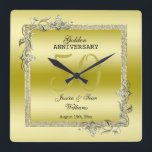 Gold Gem & Glitter 50th Golden Wedding Anniversary Square Wall Clock<br><div class="desc">Glamourous and elegant posh 50th Golden Wedding Anniversary wall clock with stylish gold gem stone jewels corner decorations and matching coloured glitter border frame. A romantic design for your celebration. All text, font and font colour is fully customisable to meet your requirements. If you would like help to customise your...</div>
