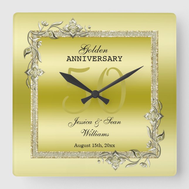 Gold Gem & Glitter 50th Golden Wedding Anniversary Square Wall Clock (Front)