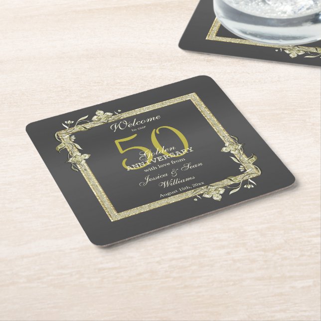 Gold Gem & Glitter 50th Golden Wedding  Square Paper Coaster (Angled)
