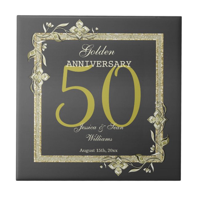 Gold Gem & Glitter 50th Golden Wedding  Tile (Front)