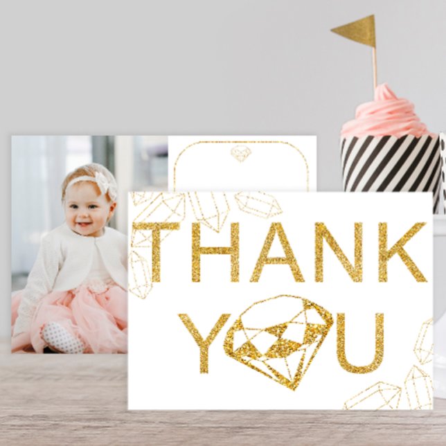 Gold Gem Photo Birthday Party Thank You Card (Gold diamond thank you card, Gem birthday party)