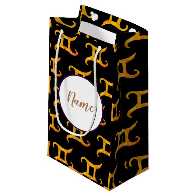 Gold Gemini Astrology Sign Personalized Small Gift Bag (Front Angled)