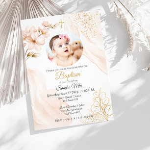 Gold Gender Neutral with Photo Baptism Invitation