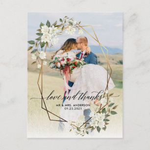 Gold Geo Frame Magnolia  Photo Wedding Thank You Postcard