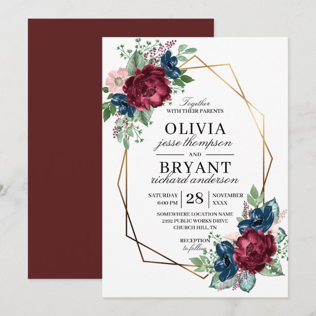 Gold Geo Navy Burgundy Floral Wedding Invitation (Front/Back)
