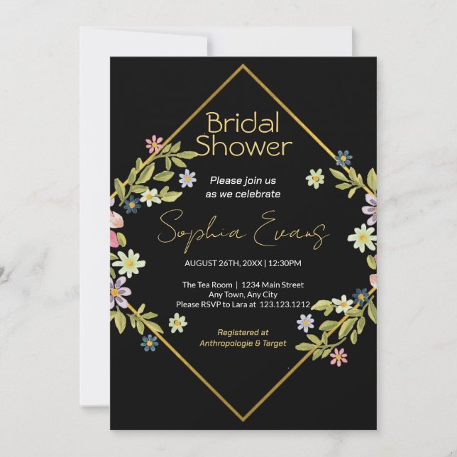 Gold Geometric Black Floral Bridal Shower Invitation (Front)