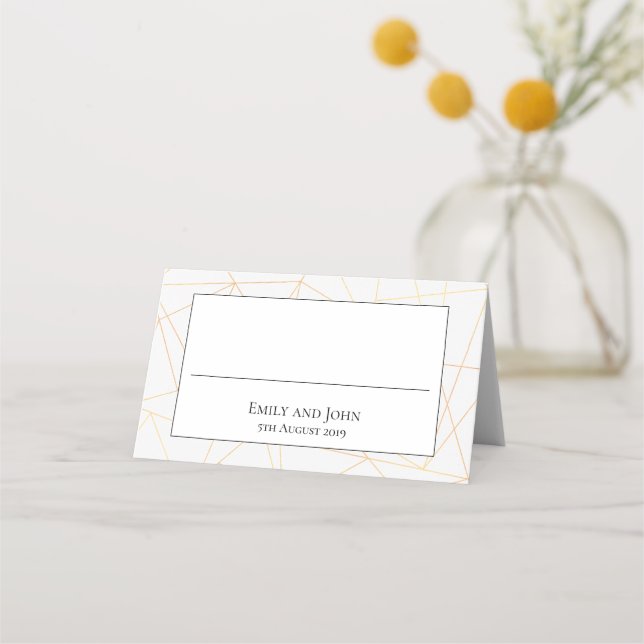 Gold Geometric Black Typography and Border Wedding Place Card (Front)