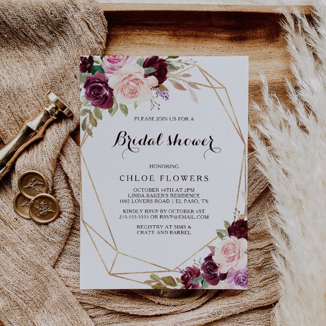 Gold Geometric Blush Burgundy Floral Bridal Shower Invitation (Creator Uploaded)