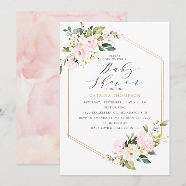 Gold Geometric Blush Floral Baby Shower Invitation (Front/Back)