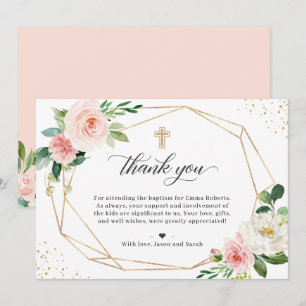 Gold Geometric Blush Floral Baptism Christening Thank You Card