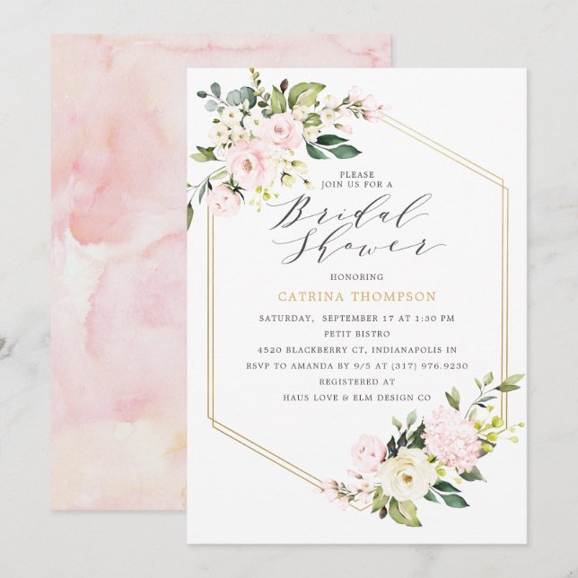 Gold Geometric Blush Floral Bridal Shower Invitation (Front/Back)