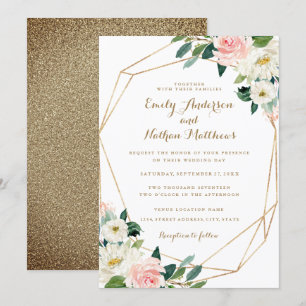 Gold Geometric Blush Floral Wedding Invitation
