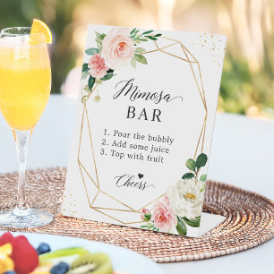 Gold Geometric Blush Pink Floral Mimosa Bar Pedestal Sign