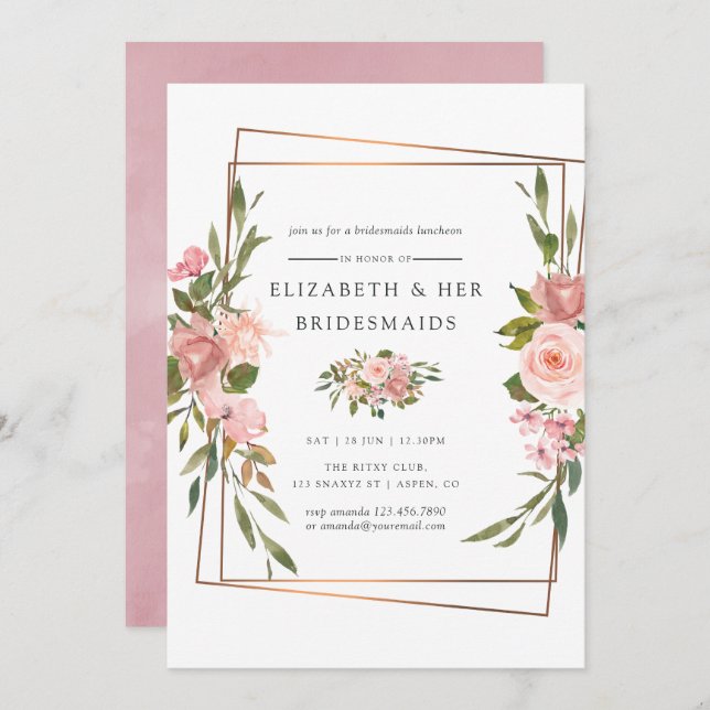 Gold Geometric Blush Roses Bridesmaids Luncheon Invitation (Front/Back)