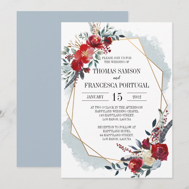 Gold Geometric Boho Floral Wedding Invitation (Front/Back)