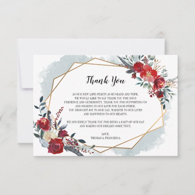 Gold Geometric Boho Floral Wedding Thank You Card (Front)