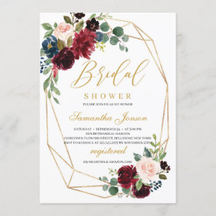Gold geometric burgundy and blush pink floral invitation