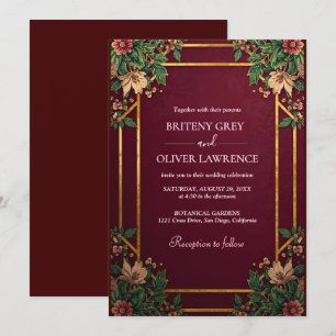 Gold Geometric Burgundy and Green Floral Wedding Invitation