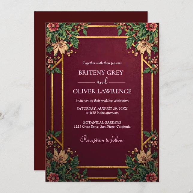 Gold Geometric Burgundy and Green Floral Wedding  Invitation (Front/Back)